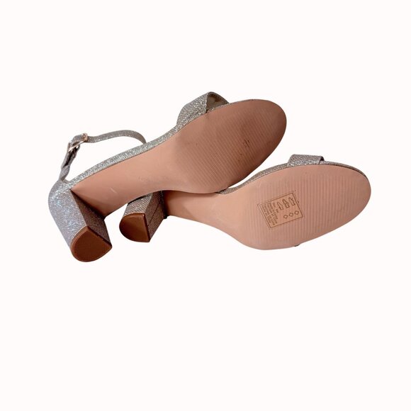 Gold Glitter Block Heel Sandals Size 8 Ankle Strap Open Toe Formal Party Shoes - Picture 8 of 14